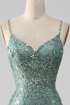 Esparguete Staps Sparkly Grey Green Prom Dress com Missangas