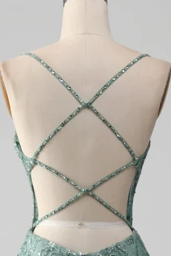 Esparguete Staps Sparkly Grey Green Prom Dress com Missangas