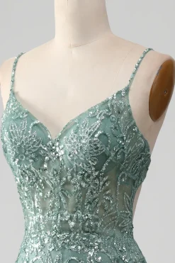 Esparguete Staps Sparkly Grey Green Prom Dress com Missangas