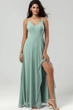 Esparguete Verde Alças Vestido Longo Madrinha com Folhos