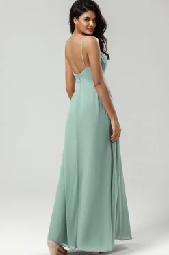 Esparguete Verde Alças Vestido Longo Madrinha com Folhos
