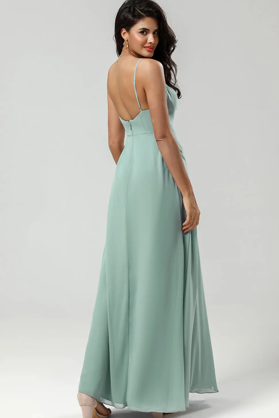 Esparguete Verde Alças Vestido Longo Madrinha com Folhos