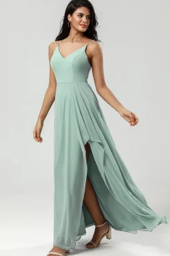 Esparguete Verde Alças Vestido Longo Madrinha com Folhos