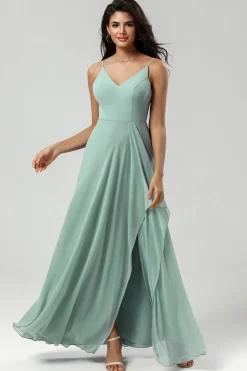 Esparguete Verde Alças Vestido Longo Madrinha com Folhos