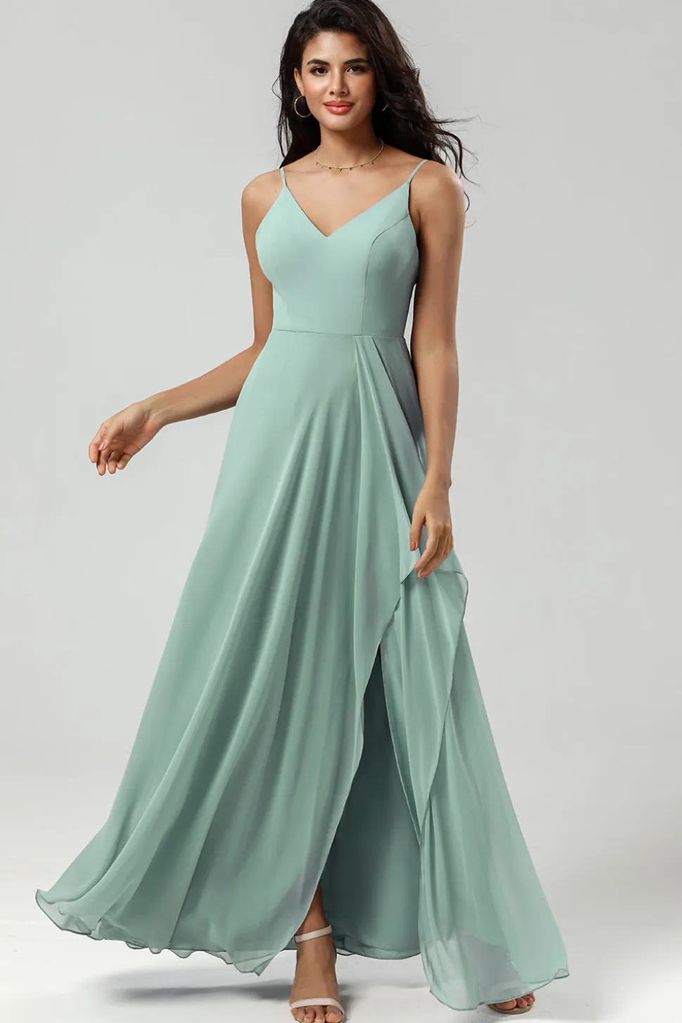 Esparguete Verde Alças Vestido Longo Madrinha com Folhos