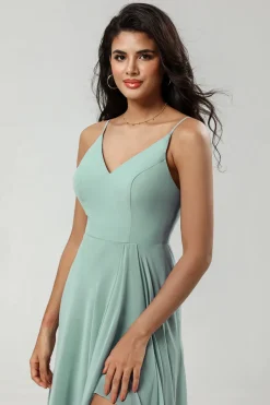 Esparguete Verde Alças Vestido Longo Madrinha com Folhos