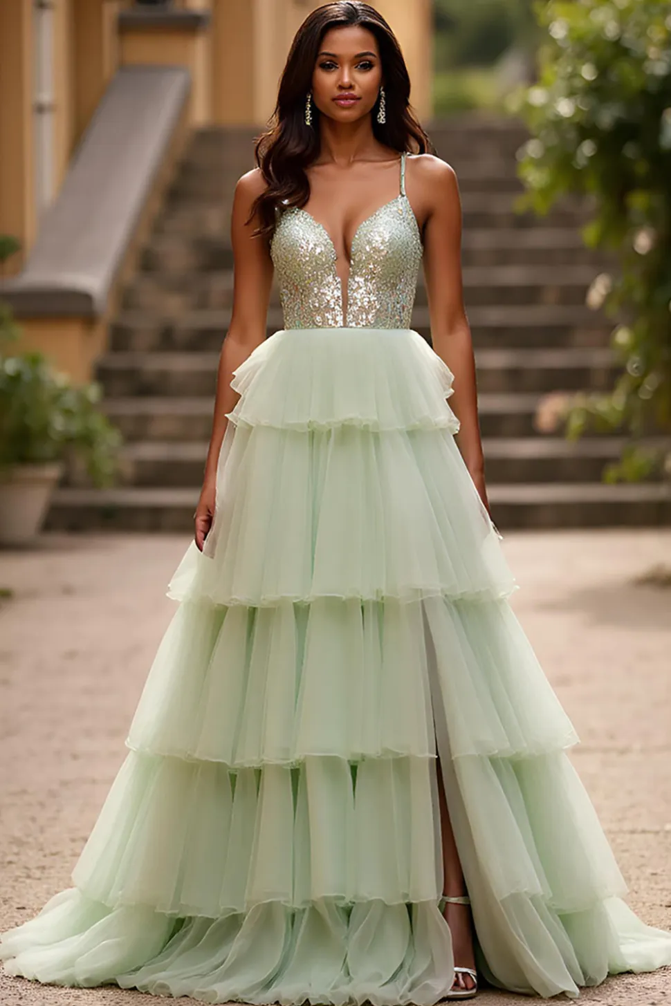 Esparguete verde brilhante cintilante Tiered Long Prom Dress com lantejoulas
