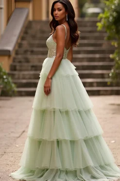 Esparguete verde brilhante cintilante Tiered Long Prom Dress com lantejoulas