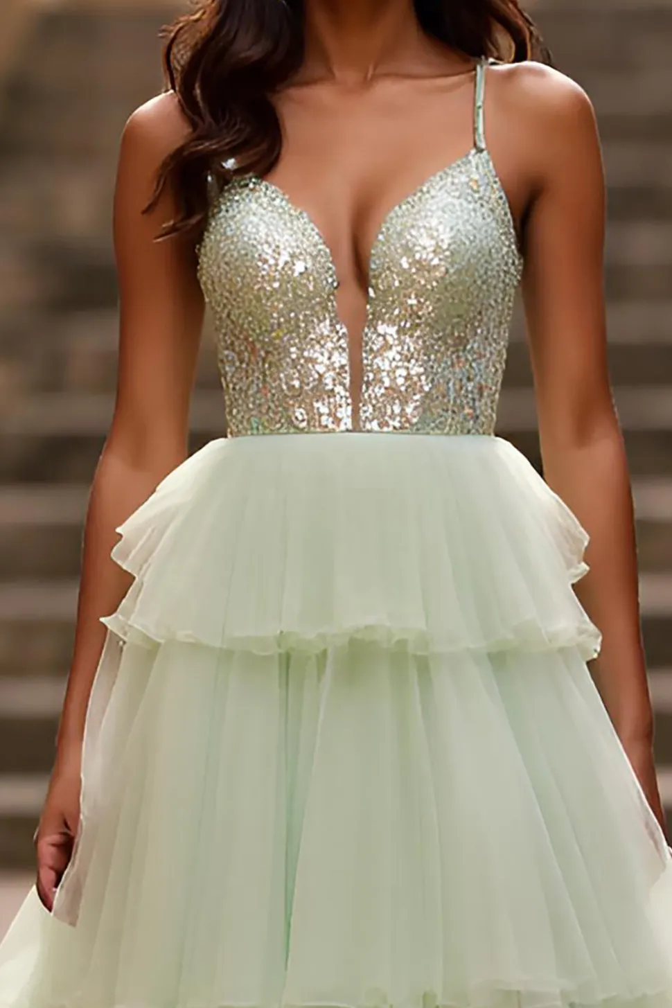 Esparguete verde brilhante cintilante Tiered Long Prom Dress com lantejoulas