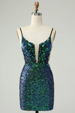 Esparguete verde escuro brilhante alças apertado curto Homecoming vestido com lantejoulas