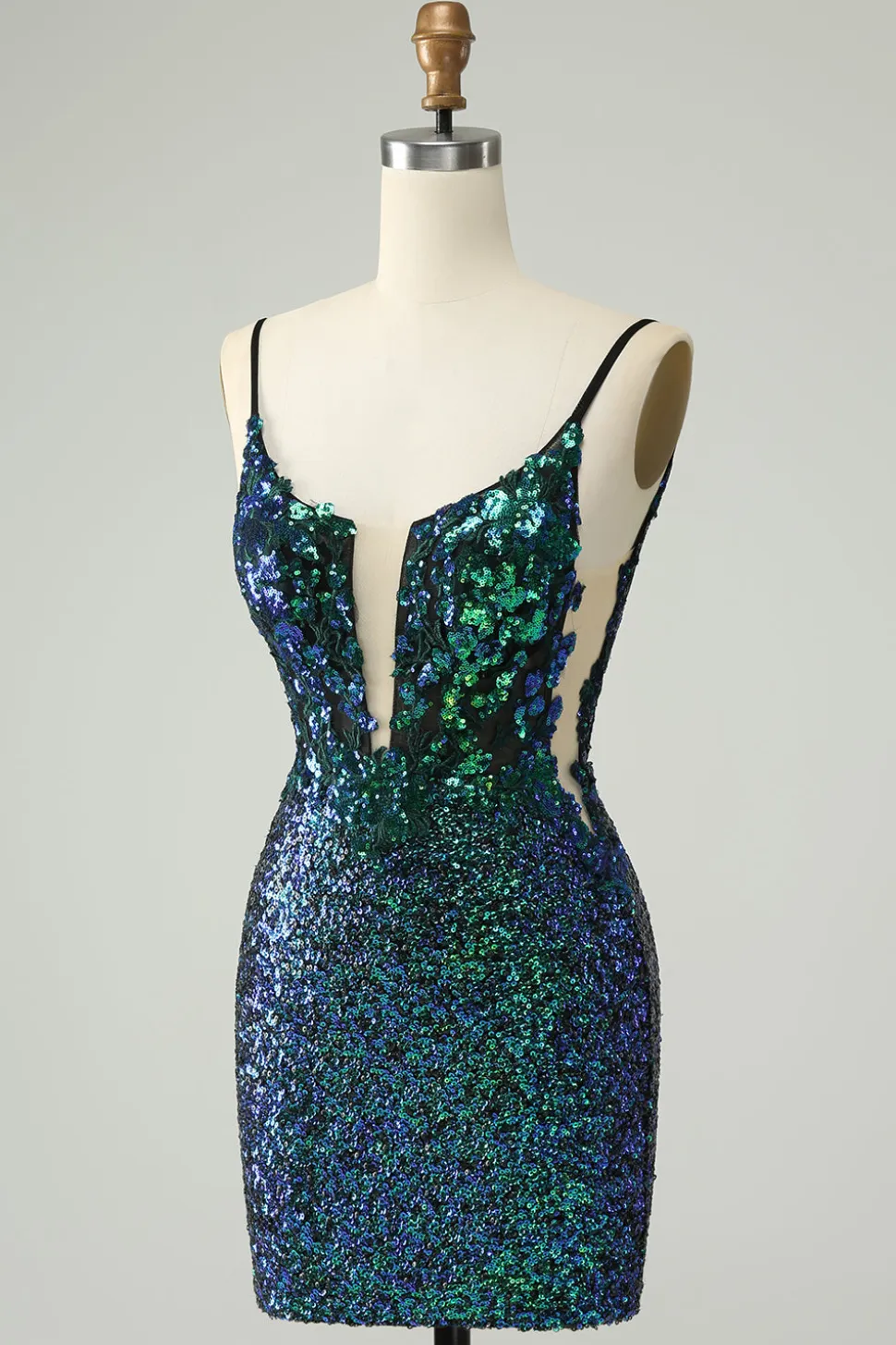 Esparguete verde escuro brilhante alças apertado curto Homecoming vestido com lantejoulas