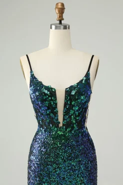 Esparguete verde escuro brilhante alças apertado curto Homecoming vestido com lantejoulas