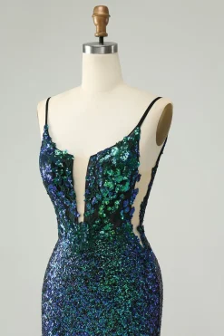 Esparguete verde escuro brilhante alças apertado curto Homecoming vestido com lantejoulas