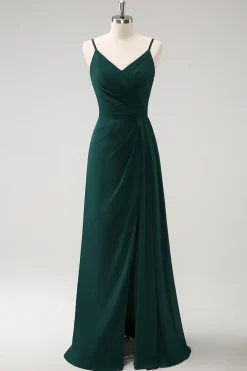 Esparguete Verde Escuro Correias Ruche Long Vestido de Dama de Honra com Fenda