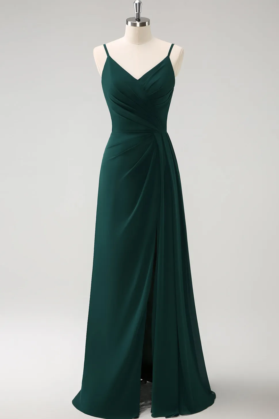 Esparguete Verde Escuro Correias Ruche Long Vestido de Dama de Honra com Fenda