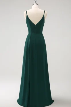 Esparguete Verde Escuro Correias Ruche Long Vestido de Dama de Honra com Fenda
