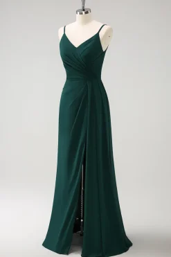 Esparguete Verde Escuro Correias Ruche Long Vestido de Dama de Honra com Fenda