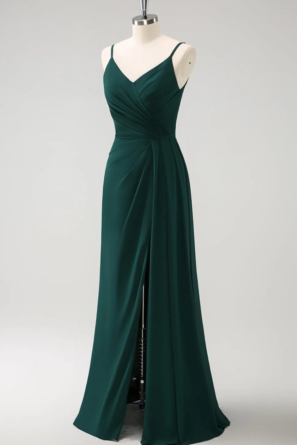 Esparguete Verde Escuro Correias Ruche Long Vestido de Dama de Honra com Fenda