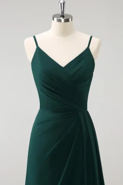 Esparguete Verde Escuro Correias Ruche Long Vestido de Dama de Honra com Fenda