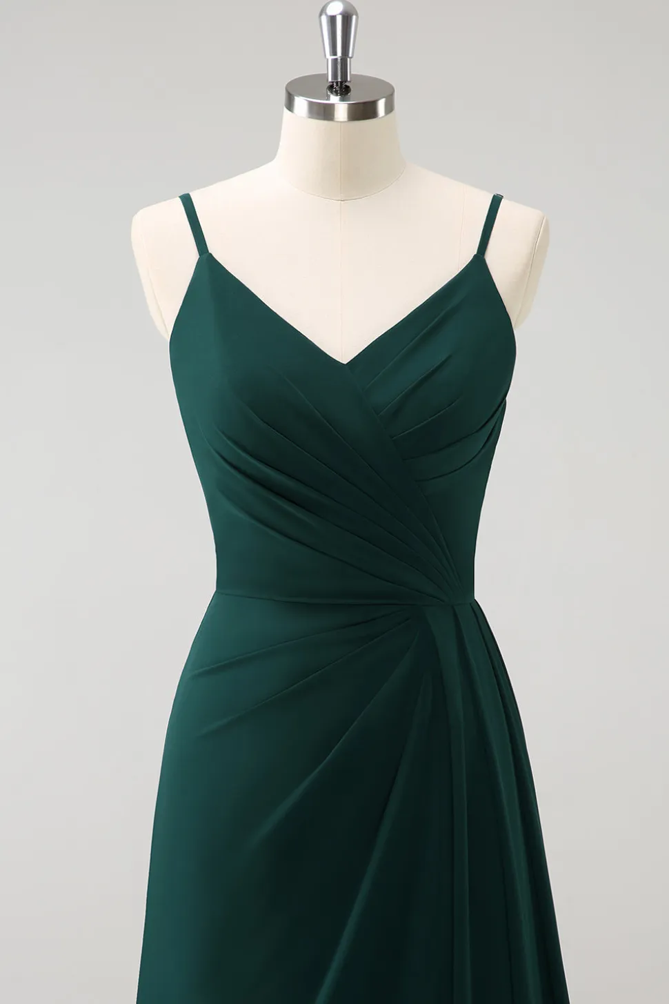 Esparguete Verde Escuro Correias Ruche Long Vestido de Dama de Honra com Fenda
