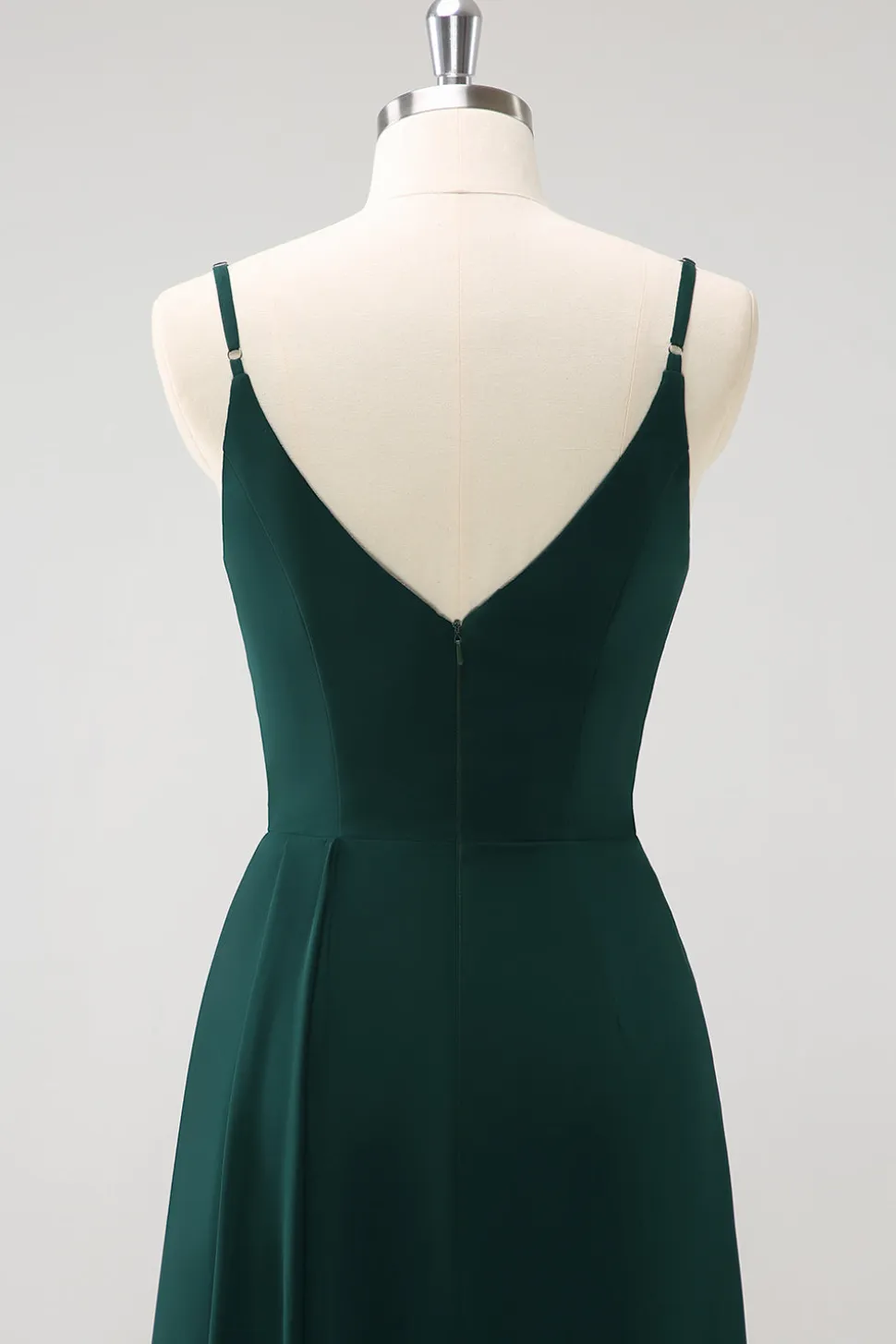 Esparguete Verde Escuro Correias Ruche Long Vestido de Dama de Honra com Fenda