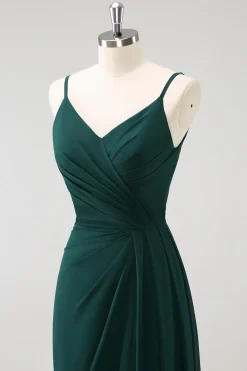 Esparguete Verde Escuro Correias Ruche Long Vestido de Dama de Honra com Fenda
