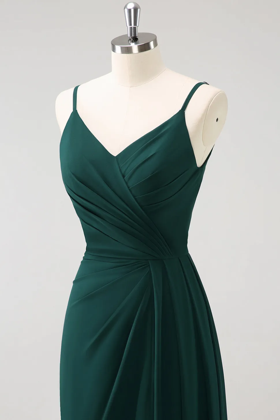 Esparguete Verde Escuro Correias Ruche Long Vestido de Dama de Honra com Fenda