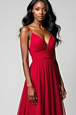 Esparguete Vermelho Correias Uma Linha Longo Vestido Madrinha