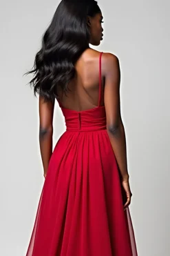Esparguete Vermelho Correias Uma Linha Longo Vestido Madrinha
