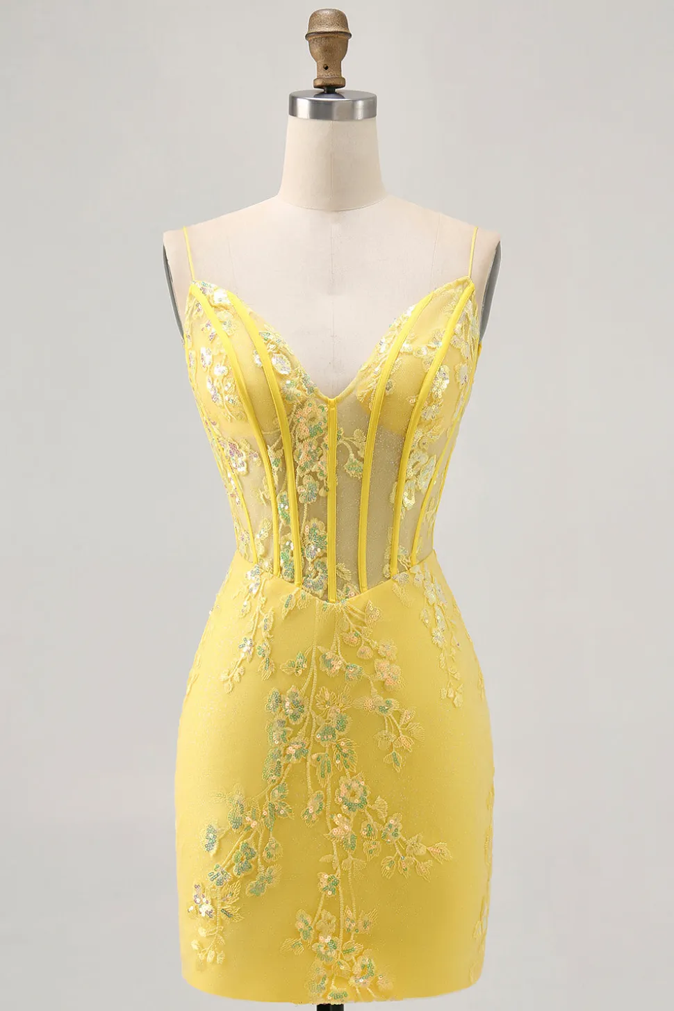 Espartilho amarelo floral apertado vestido curto Homecoming com lantejoulas