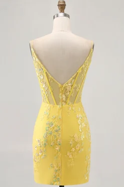 Espartilho amarelo floral apertado vestido curto Homecoming com lantejoulas