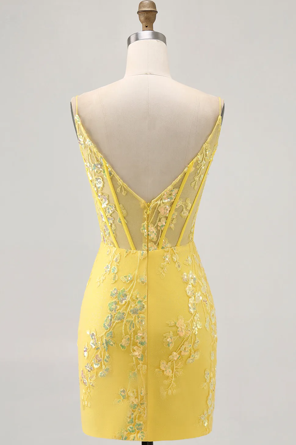 Espartilho amarelo floral apertado vestido curto Homecoming com lantejoulas