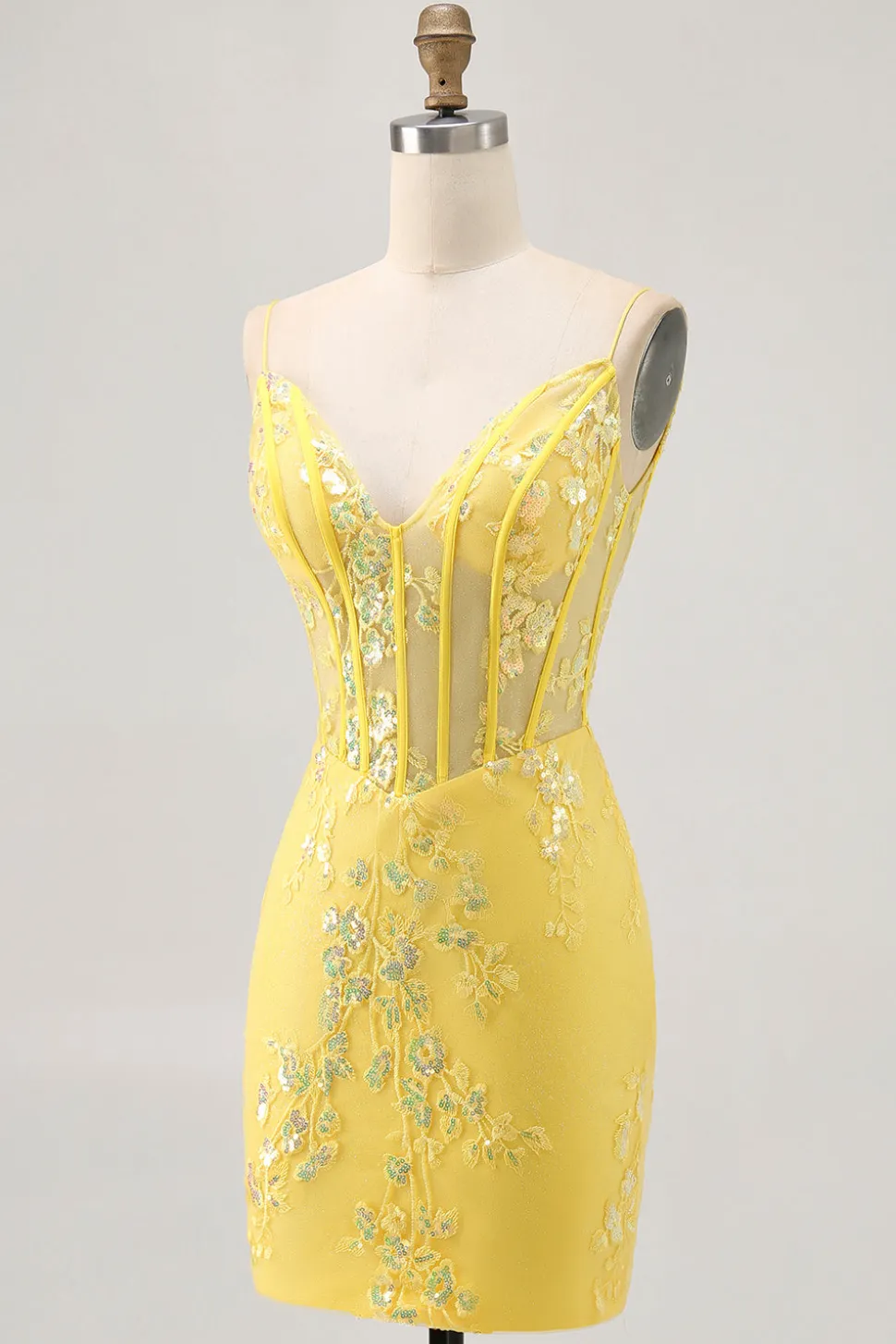 Espartilho amarelo floral apertado vestido curto Homecoming com lantejoulas