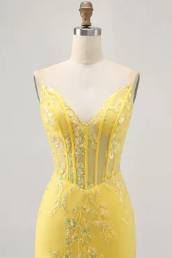 Espartilho amarelo floral apertado vestido curto Homecoming com lantejoulas