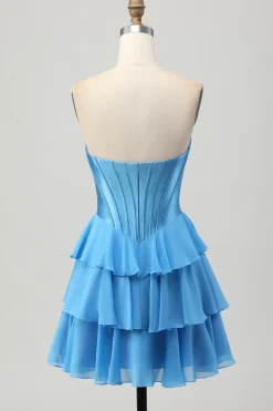 Espartilho amarelo sem alças A Line Tiered Short Homecoming Dress
