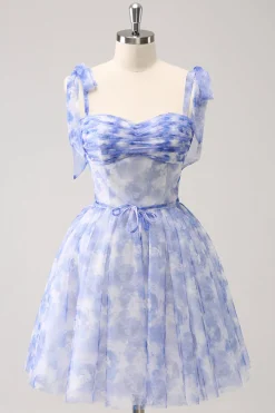 Espartilho Azul A-Line Vestido Curto Floral Homecoming