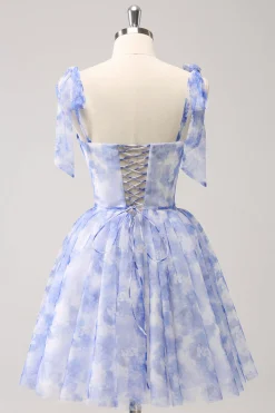 Espartilho Azul A-Line Vestido Curto Floral Homecoming