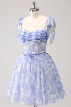 Espartilho Azul A-Line Vestido Curto Floral Homecoming