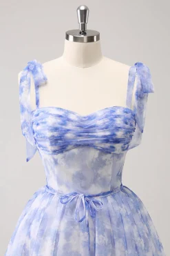 Espartilho Azul A-Line Vestido Curto Floral Homecoming