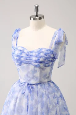 Espartilho Azul A-Line Vestido Curto Floral Homecoming
