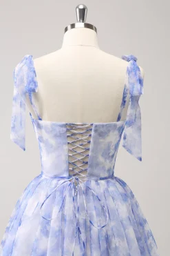 Espartilho Azul A-Line Vestido Curto Floral Homecoming