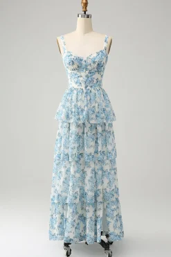 Espartilho Azul Branco Tiered Vestido de Casamento Floral Convidado