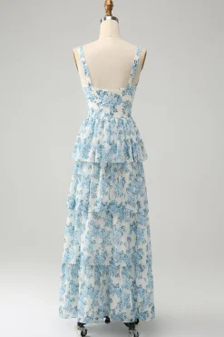 Espartilho Azul Branco Tiered Vestido de Casamento Floral Convidado