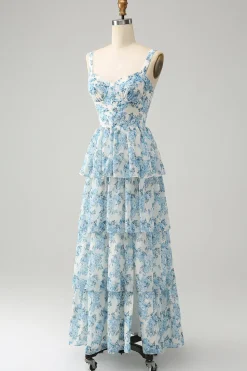 Espartilho Azul Branco Tiered Vestido de Casamento Floral Convidado