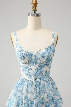 Espartilho Azul Branco Tiered Vestido de Casamento Floral Convidado