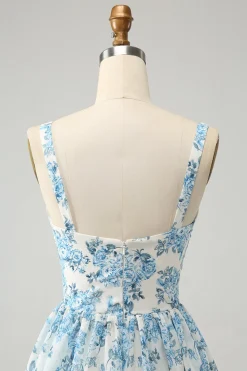Espartilho Azul Branco Tiered Vestido de Casamento Floral Convidado