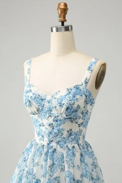 Espartilho Azul Branco Tiered Vestido de Casamento Floral Convidado