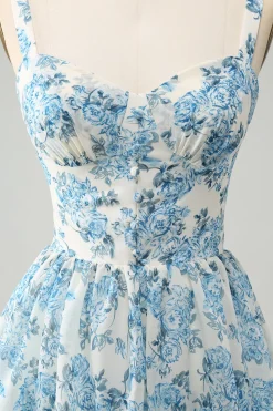 Espartilho Azul Branco Tiered Vestido de Casamento Floral Convidado