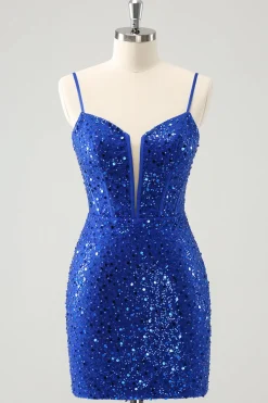 Espartilho azul brilhante apertado curto Homecoming vestido com lantejoulas