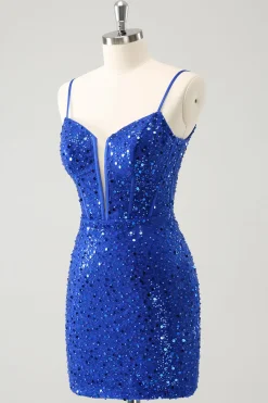 Espartilho azul brilhante apertado curto Homecoming vestido com lantejoulas